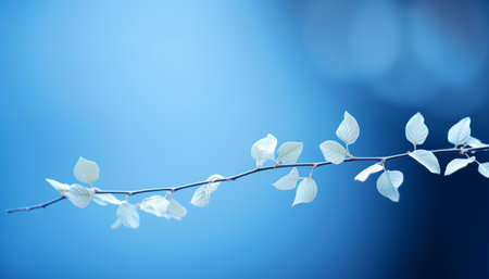 enchanting botanical masterpiece delicate white leaf on light blue background with bokehの素材