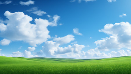 Breathtaking landscape of lush green fields under serene blue sky with fluffy white cloudsの素材