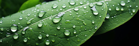 Close up macro shot of a vibrant green leaf with glistening raindrops in the morning sunlightの素材