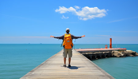 Vibrant summer scene delightful traveler embracing joy and freedom with arms outstretchedの素材