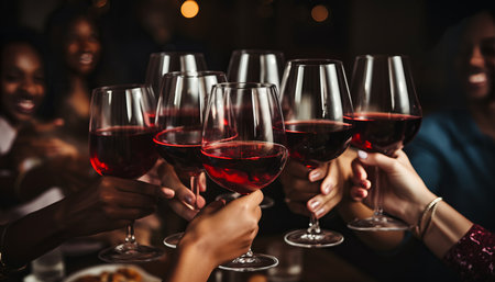Close knit group of joyful friends toasting red wine glasses with smiles at a lively dinner partyの素材