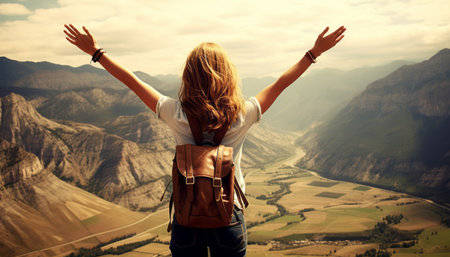 Joyful traveler embracing freedom in vibrant summer landscape with outstretched arms and backpackの素材