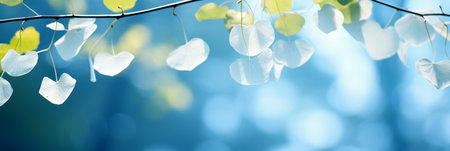 Botanical masterpiece delicate white skeletonized leaf on light blue backdrop with bokehの素材