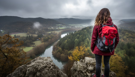 Adventurous hiker embraces majestic mountain view, soaking in breathtaking valley belowの素材