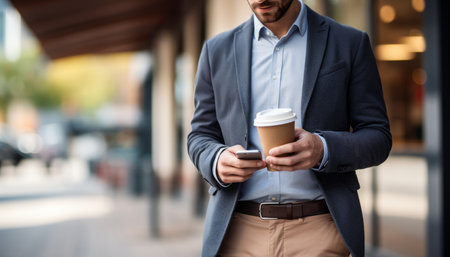 Businessman using smartphone and holding coffee cup in city street, close up networking and textingの素材