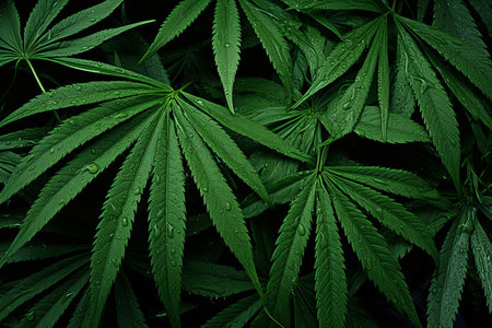 Captivating and serene green tropical forest leaves in a background of subtle low light ambianceの素材