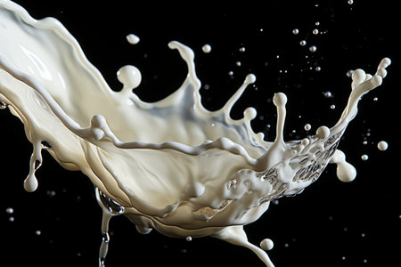 Milky white liquid splash with a mesmerizing isolated effect on a sleek black backgroundの素材