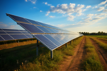 Renewable energy solar panels on a vast solar farm generating green power on a sunny summer dayの素材