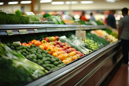 Blurred bright grocery store interior with out of focus shelves and colorful productsの素材