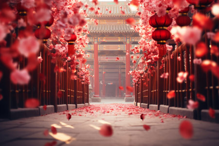 Festive chinese new year temple entrance with lanterns and banners, inviting visitors to celebrateの素材