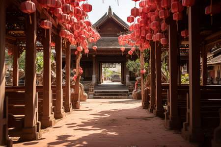 Festive chinese temple entrance with lanterns and banners, inviting visitors to celebrate new yearの素材