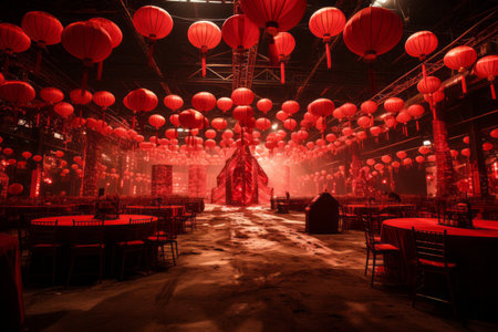 Vibrant chinese new year temple entrance with lanterns and banners, inviting visitors to celebrateの素材