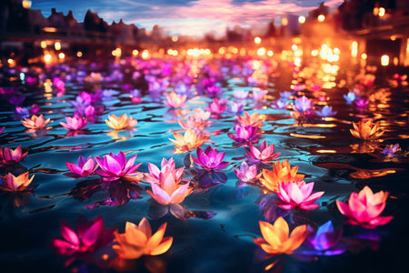 Vibrant chinese new year lantern floating on river, reflecting colors amidst natural beautyの素材