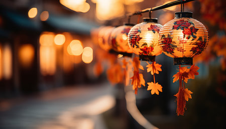 Festive chinese new year street with red lanterns, showcasing vibrant colors and atmosphereの素材