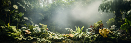 Lush green tropical forest with vibrant nature leaves, set against a beautifully bright backgroundの素材