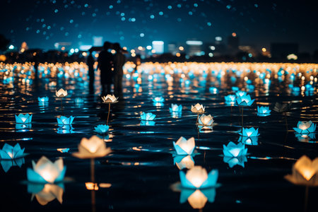 Chinese new year lantern floating on river, vibrant colors reflecting, blending with natural beauty.の素材