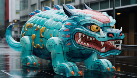 Captivating chinese new year street procession with mythological float, enhancing festive ambiance.の素材