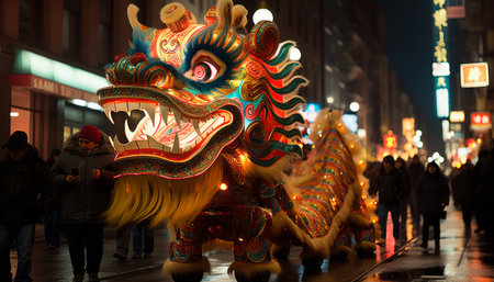 Vibrant chinese new year street procession with mythological float, adding to festive ambianceの素材