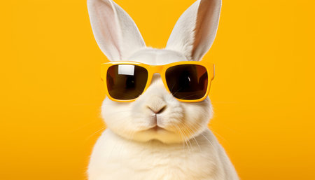 cute white bunny wearing sunglasses on bright solid color backgroundStudio shot with space for textの素材
