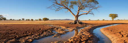 Powerful metaphor of drought and climate change lifeless trees on cracked and arid earthの素材