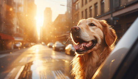 Cute happy dog enjoying car ride with head out of window, motion blur background, focus on dogs faceの素材