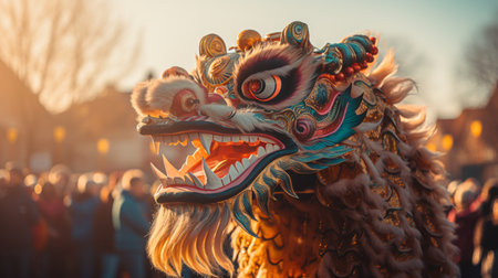 Chinese new year dragon dance costume man, intricate design details and cultural symbolism.の素材