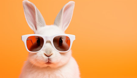 Playful white bunny with sunglasses on vibrant solid background, ideal for text and captionsの素材