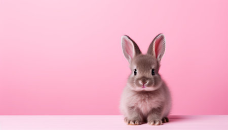 Adorable bunny rabbit with floppy ears on vibrant solid color background in studio shotの素材