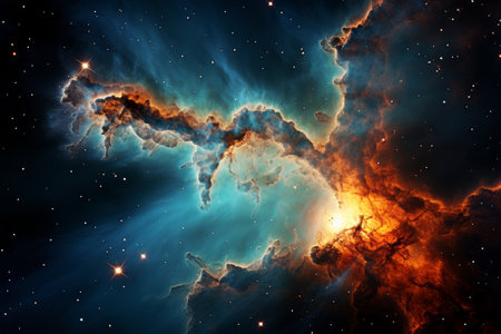 Stunning depiction of vibrant space galaxy cloud illuminating night sky, revealing cosmic wondersの素材