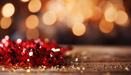 Glittering red christmas background with snowflakes and lightsFestive merry christmas banner.の素材