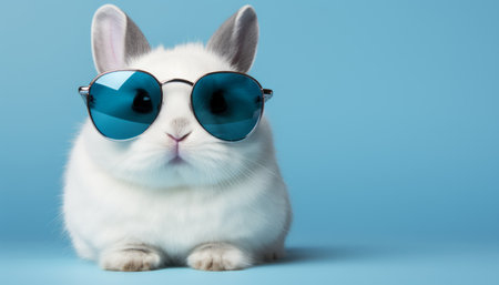 cute white bunny wearing sunglasses on vibrant background, studio shot with copy spaceの素材