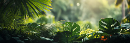 Lush green tropical forest with vibrant leaves as nature background in bright light styleの素材