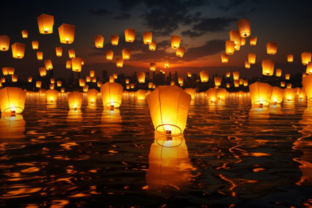 Chinese new year lantern floating on river, reflecting vibrant colors in natural beautyの素材