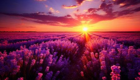 Serene and awe inspiring view of a lavender field embracing the beauty of the golden hour sunsetの素材