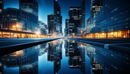 Captivating cityscape majestic skyscrapers with reflective facades in the business districtの素材