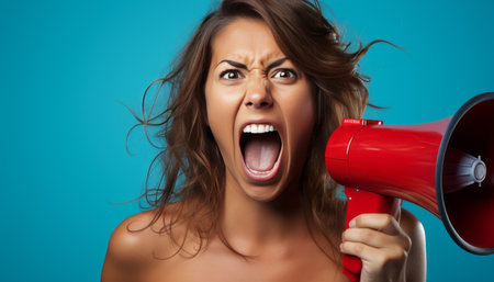Energetic young woman passionately using megaphone in studio for impactful marketing campaignの素材