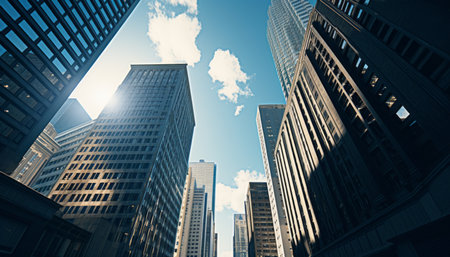 Modern business district spectacular reflections of skyscrapers in the vibrant cityscapeの素材