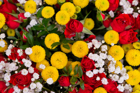 Beautiful Bouquets of Mixed Flowers: Roses, Gerberas, Tulips, for Womens Day and Mothers Dayの写真素材