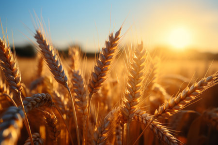 Golden wheat field under sunny summer sky, ideal farm background for product placementの素材