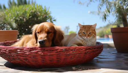 Adorable cat and faithful dog enjoying a serene nap together on a bright summer day at homeの素材