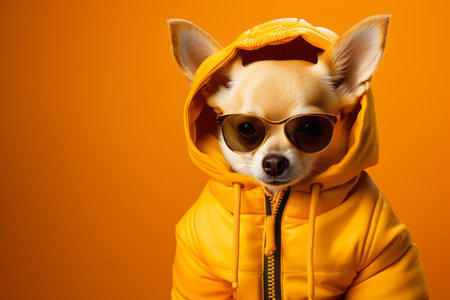 Playful dog in colorful outfit and sunglasses, dancing on bright backgroundTravel concept.の素材