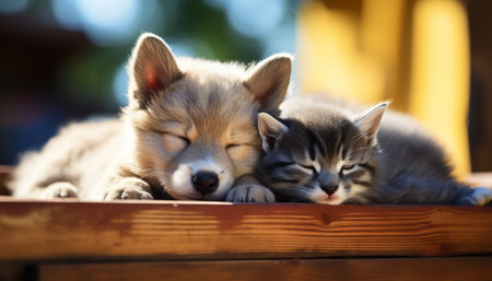 Charming cat and dog peacefully sleeping together at home on a beautiful and sunny summer dayの素材
