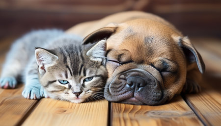 Adorable cat and charming puppy sleeping, isolated on solid color background in studio shotの素材