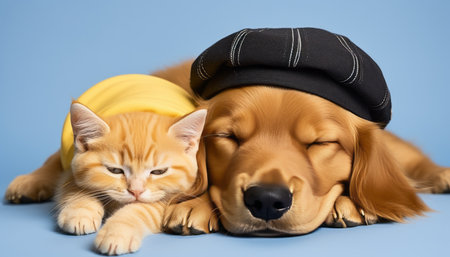 Adorable kitty and puppy sleeping together, isolated on solid color background in studio photoshootの素材