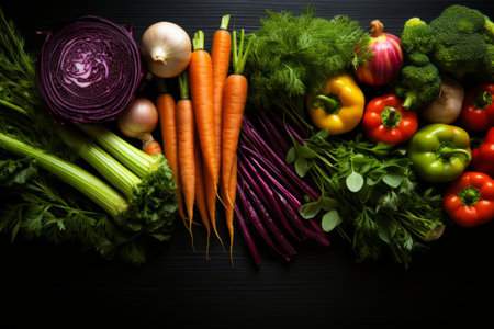 Fresh and vibrant assortment of healthy vegetables and fruits, top view on dark backgroundの素材