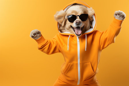 playful dog in stylish outfit dancing on vibrant background, travel and fashion conceptの素材