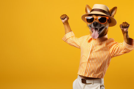 Playful dog in vibrant attire and sunglasses dancing on colorful background, travel conceptの素材