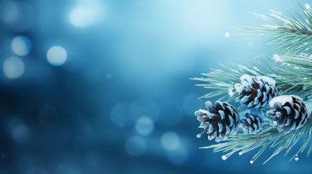 Serene winter wonderland frosted spruce branches, snow drifts, and bokeh christmas lightsの素材