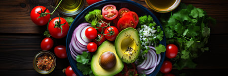 Colorful avocado salad with cherry tomatoes, cucumber, and lettuce on dark blue backgroundの素材