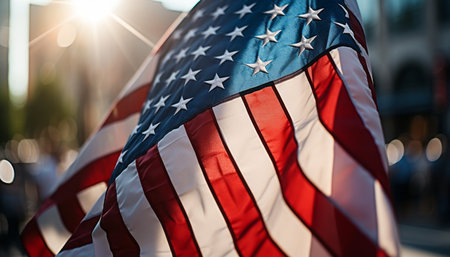 Patriotic american flag blowing in the wind on independence day, symbolizing freedom and unityの素材